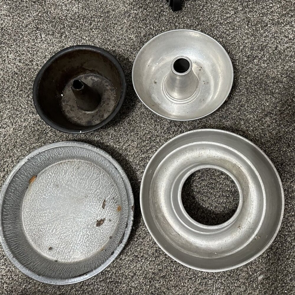 Vintage Cake Pie Pan Lot of 4 Tube Pans rustic old dented pie pan